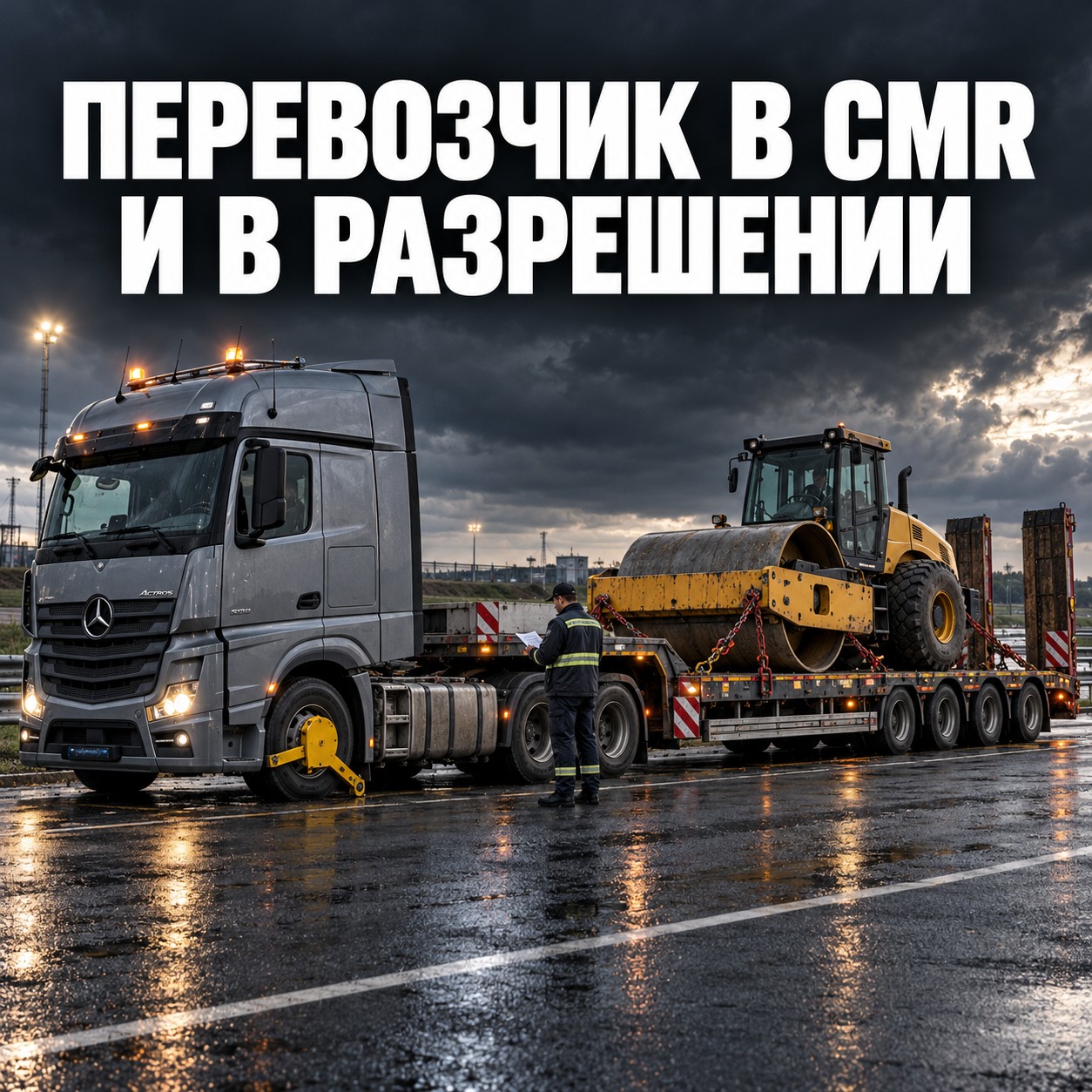 Негабаритный тягач на площадке у дороги, на колесе жёлтый блокиратор, рядом инспектор смотрит на документ