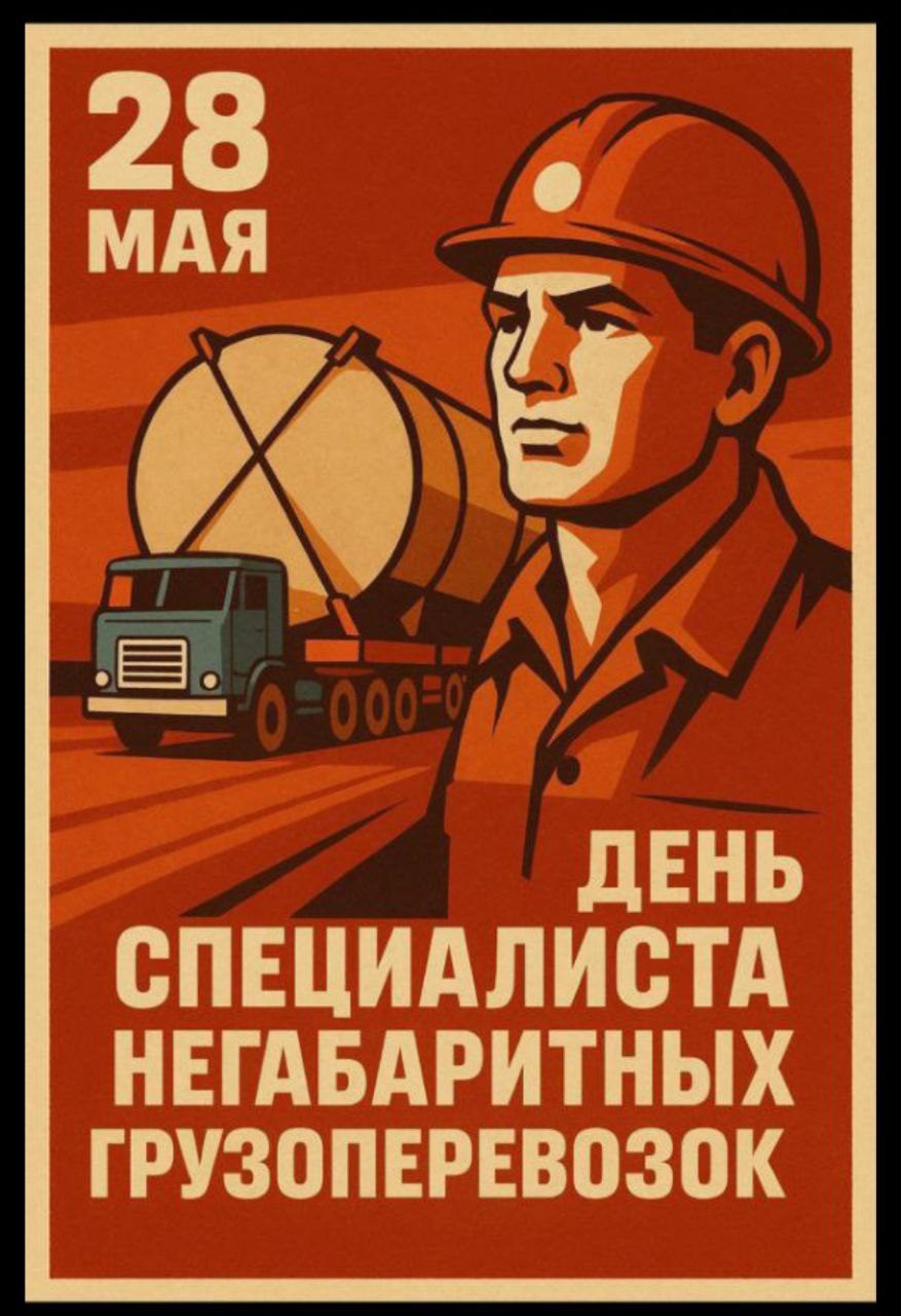 Плакат «28 мая — День специалиста негабаритных грузоперевозок»: рабочий в каске и тягач с крупной цилиндрической ёмкостью