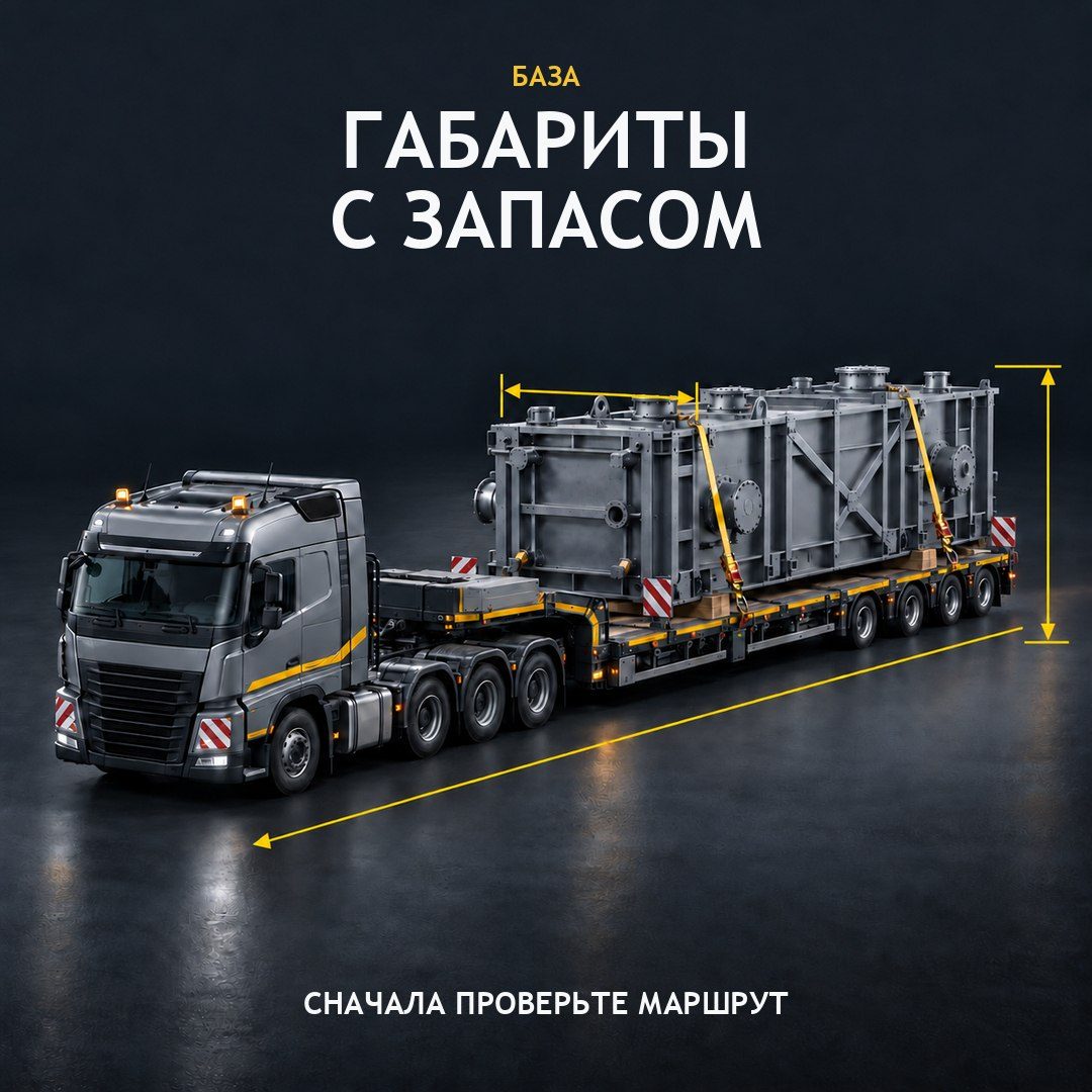 Тягач с низкорамным полуприцепом везёт крупную металлическую конструкцию, рядом жёлтые линии размеров; надпись «Габариты с запасом»