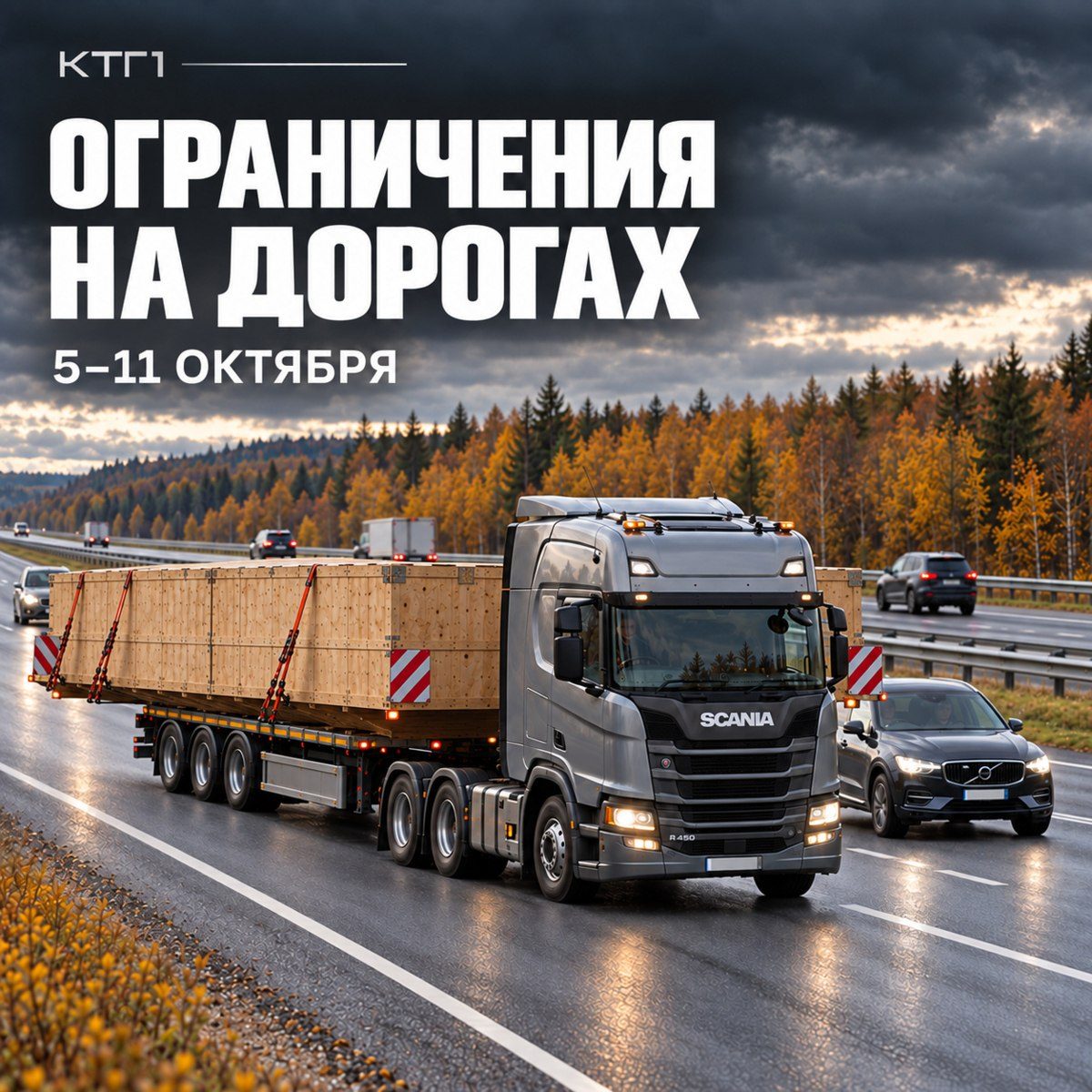 Обложка КТГ1 «Ограничения на дорогах, 5–11 октября»: тягач Scania с негабаритным грузом на трассе