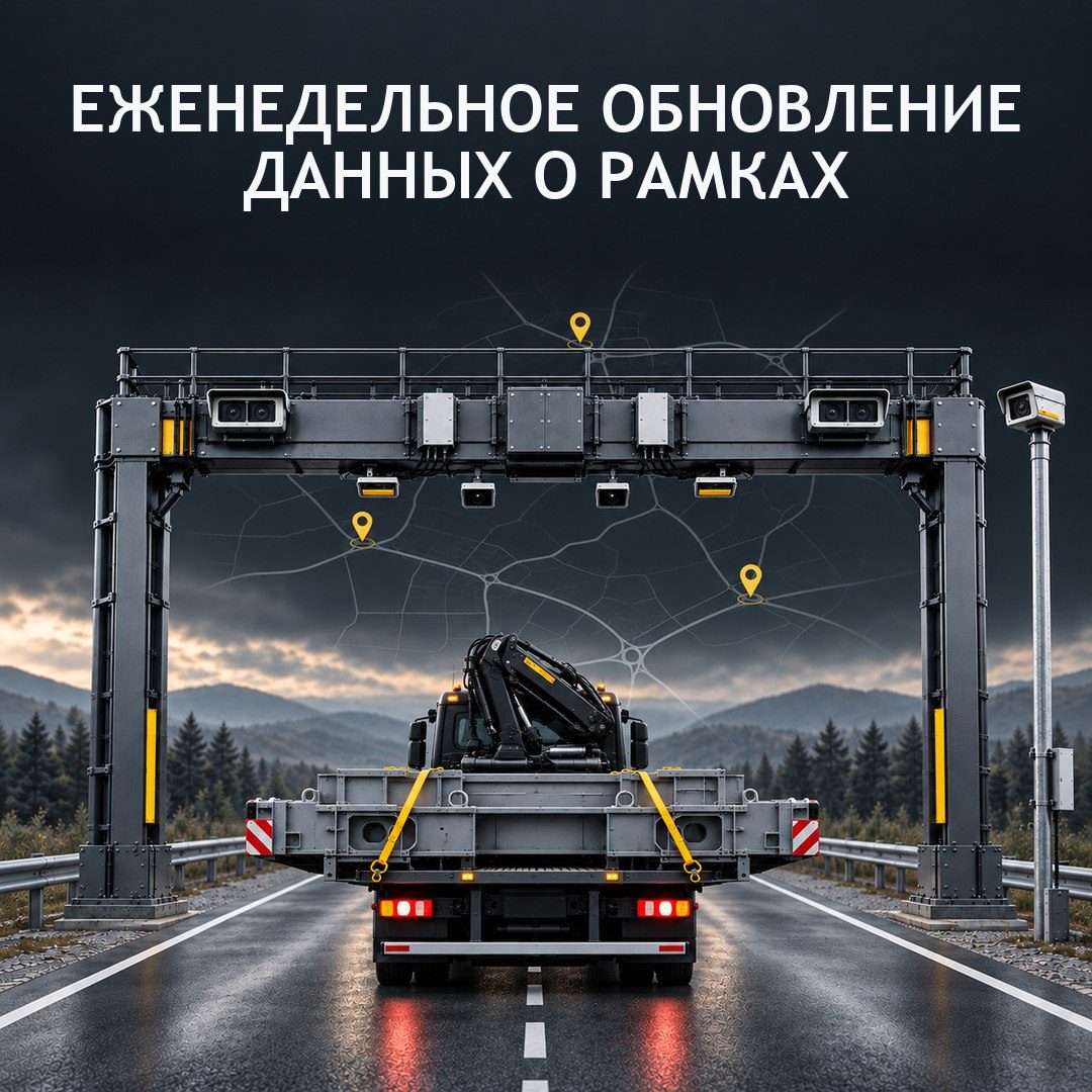 Грузовик с манипулятором на платформе под рамкой с камерами на фоне схемы дорог с метками; надпись «Еженедельное обновление данных о рамках»