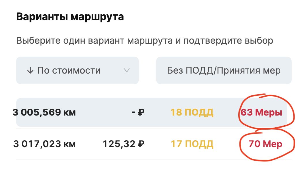Варианты маршрута: 3 005,569 км, 18 ПОДД, 63 меры; 3 017,023 км, 125,32 ₽, 17 ПОДД, 70 мер
