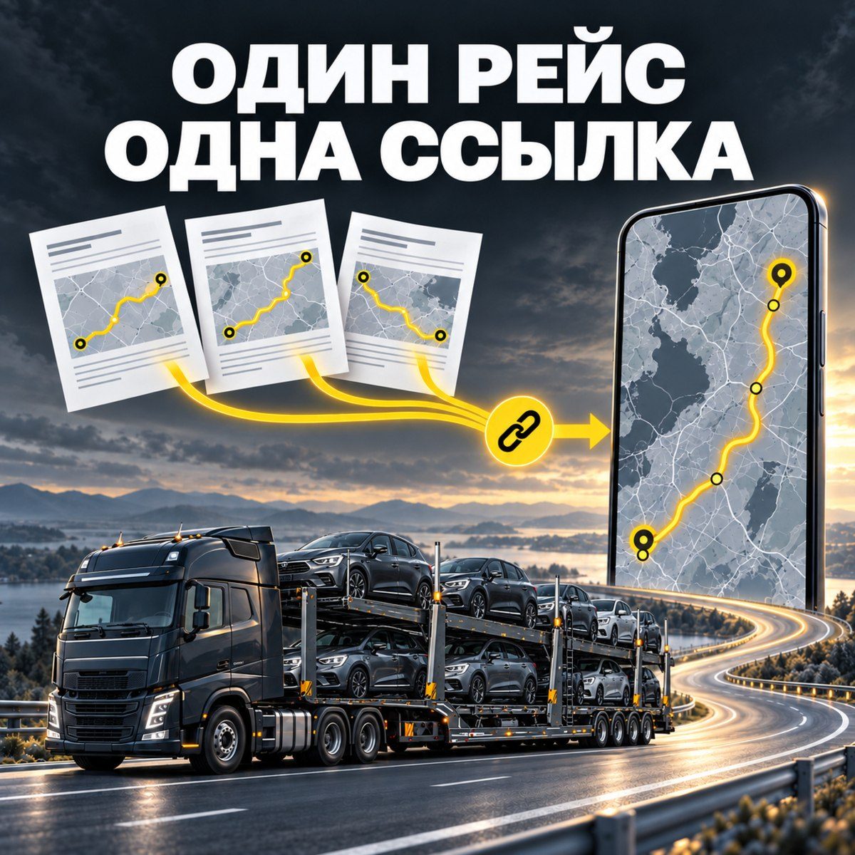 Автовоз с легковыми машинами; три листа разрешения с маршрутом сходятся в одну ссылку на карту в телефоне; надпись «Один рейс — одна ссылка»