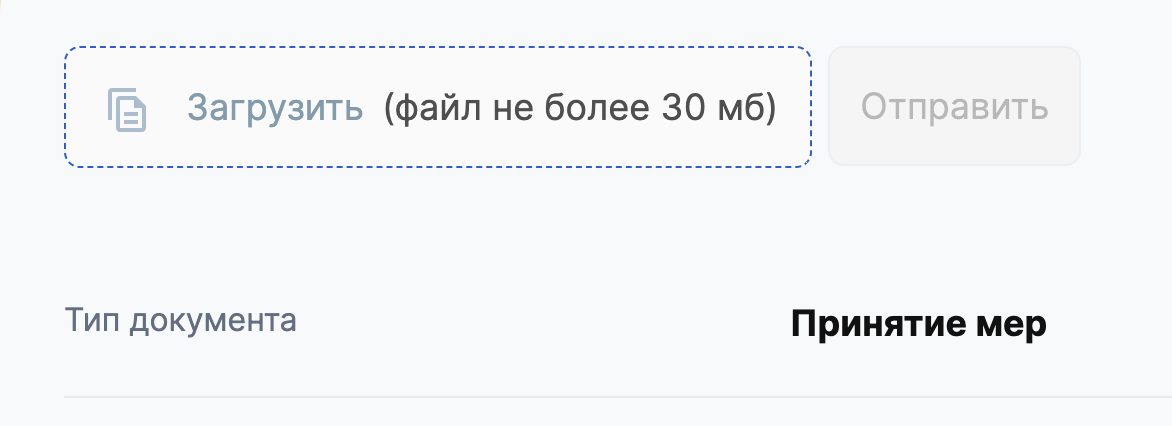 Поле «Загрузить (файл не более 30 мб)» и кнопка «Отправить» в заявлении, тип документа «Принятие мер»