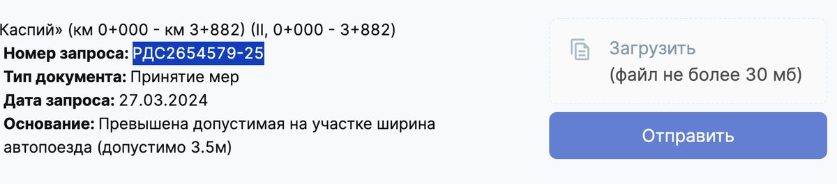 Выделенный номер запроса РДС2654579-25 в заявлении, тип документа «Принятие мер»