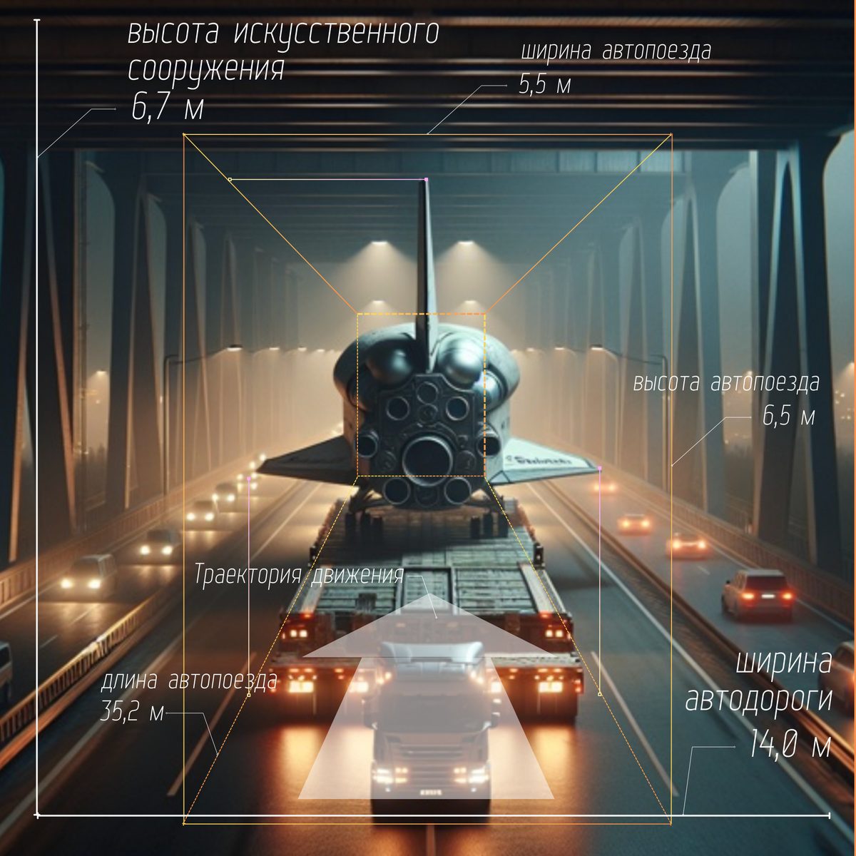 Космический челнок на трейлере под мостом с размерами: сооружение 6,7 м, автопоезд 35,2×5,5×6,5 м, дорога 14,0 м