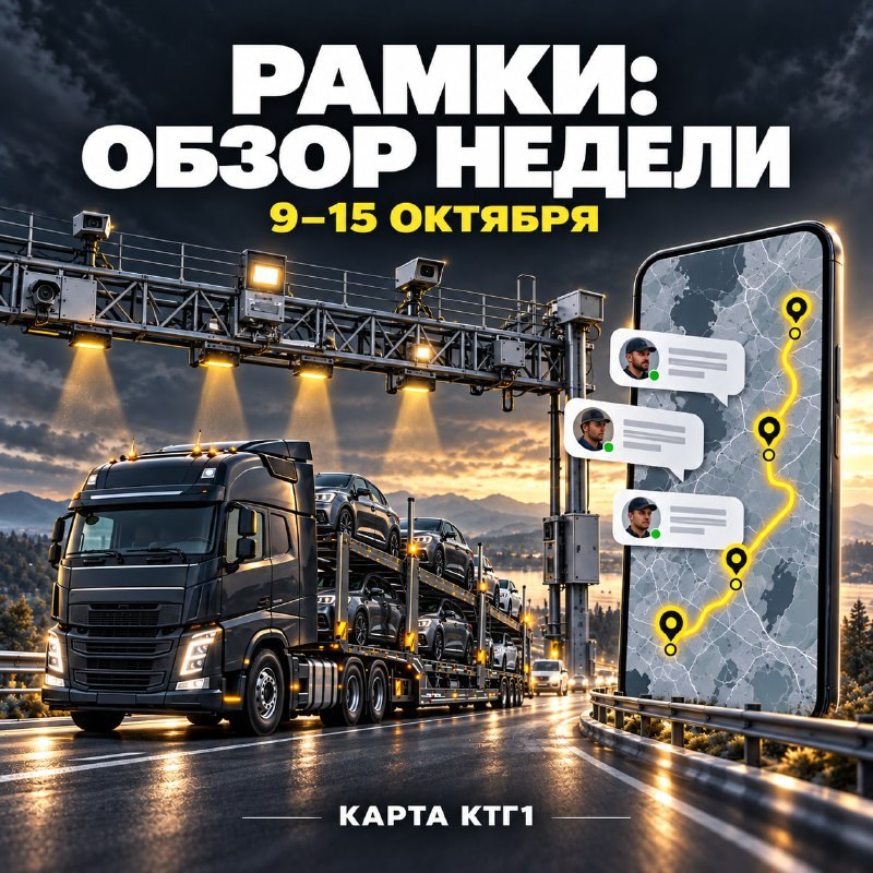 Обложка «Рамки: обзор недели 9–15 октября»: автовоз проезжает под рамкой с камерами, рядом смартфон с картой КТГ1, метками на маршруте и комментариями водителей