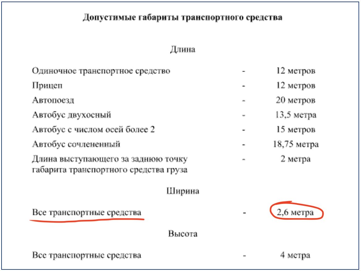 Фрагмент приложения № 1 к ПП РФ № 2060: ширина 2,60 м для всех транспортных средств