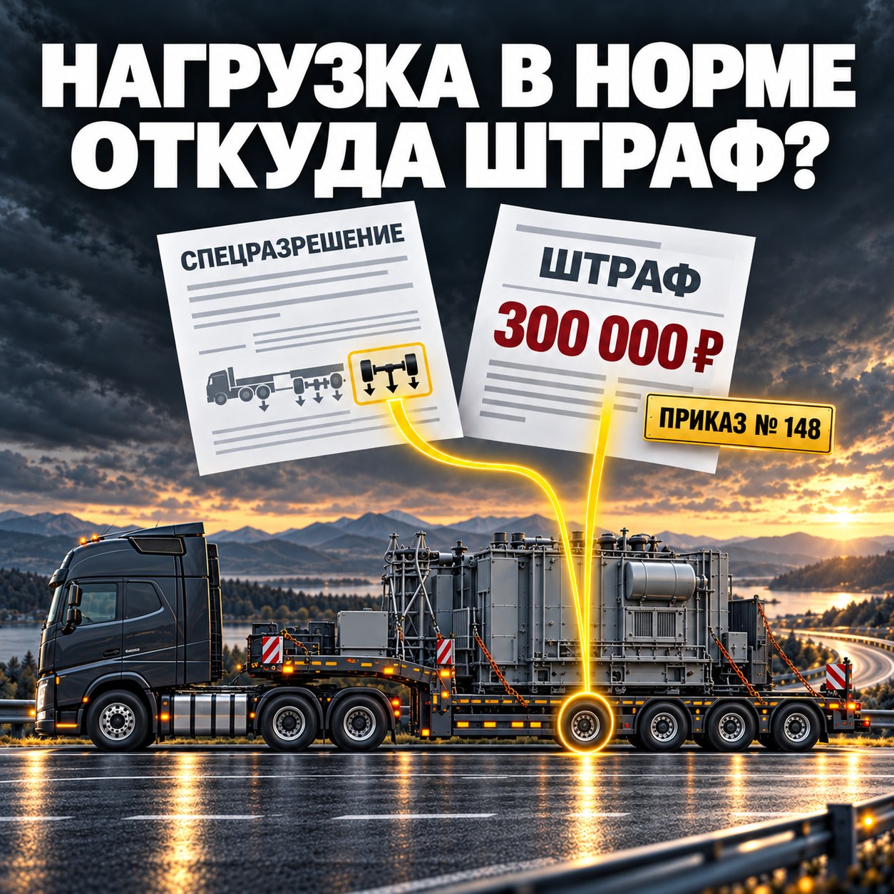 Обложка «Нагрузка в норме — откуда штраф?»: спецразрешение, штраф 300 000 ₽ и табличка «Приказ № 148» над тягачом с трансформатором на низкорамном полуприцепе; подсвечена ось полуприцепа