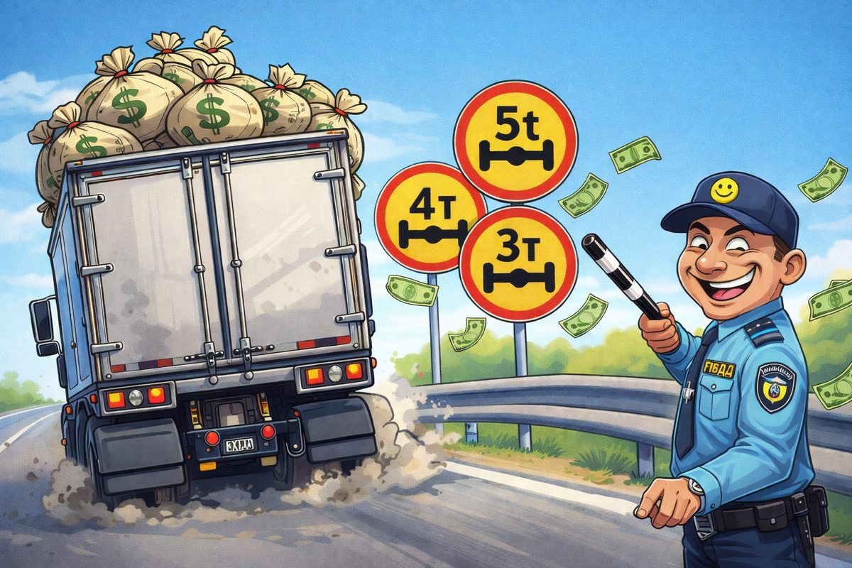 Карикатура: фургон с мешками денег у знаков ограничения нагрузки на ось 3, 4 и 5 т, рядом улыбающийся инспектор ГИБДД